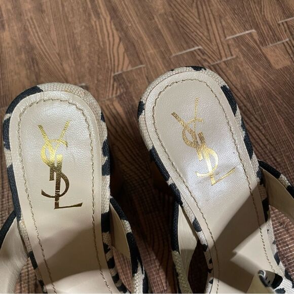 Yves Saint Laurent Heeled Sandals Size 39.5 Leopard Cow Print Canvas Wood‎ Heel - Picture 10 of 10